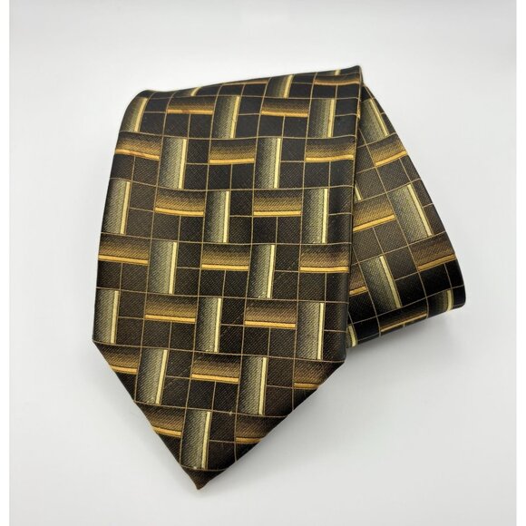 Croft & Barrow Mens Neck Tie Brown Gold Geometric Woven Pattern Handmade - Picture 7 of 7